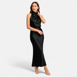 Sleeveless A-Line Elongating Satin Maxi Dress – Delphine - Bellux