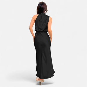 Sleeveless A-Line Elongating Satin Maxi Dress – Delphine - Bellux