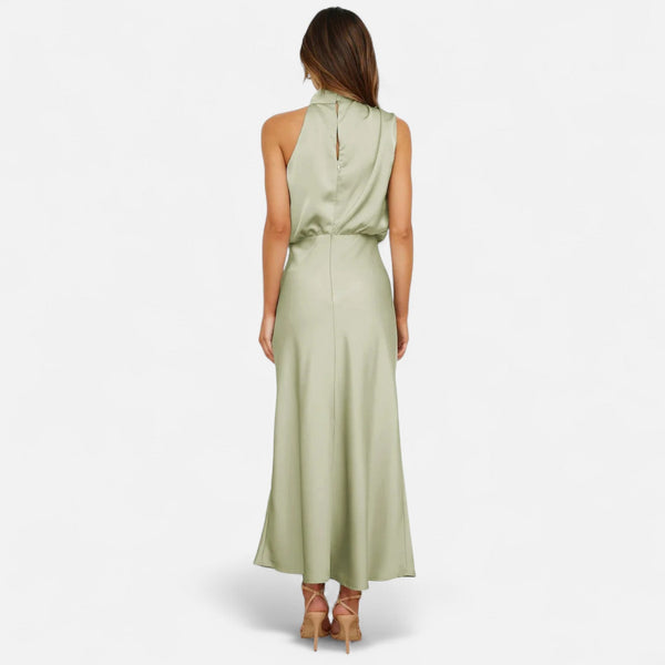 Sleeveless A-Line Elongating Satin Maxi Dress – Delphine - Bellux