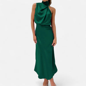 Sleeveless A-Line Elongating Satin Maxi Dress – Delphine - Bellux
