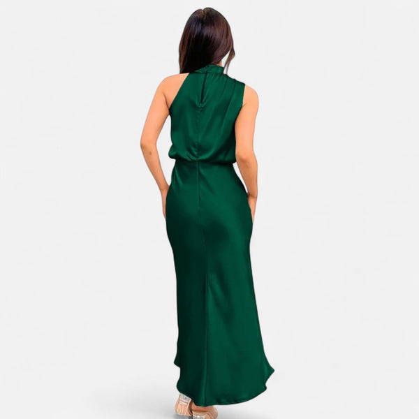 Sleeveless A-Line Elongating Satin Maxi Dress – Delphine - Bellux