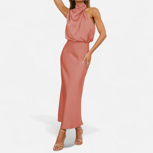 Sleeveless A-Line Elongating Satin Maxi Dress – Delphine - Bellux