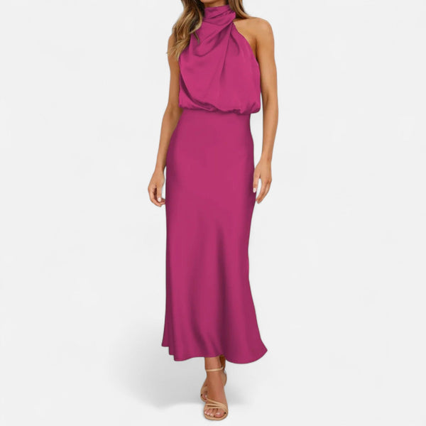 Sleeveless A-Line Elongating Satin Maxi Dress – Delphine - Bellux