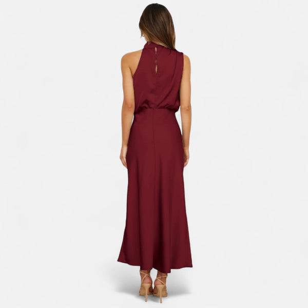 Sleeveless A-Line Elongating Satin Maxi Dress – Delphine - Bellux