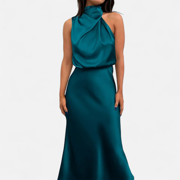 Sleeveless A-Line Elongating Satin Maxi Dress – Delphine - Bellux