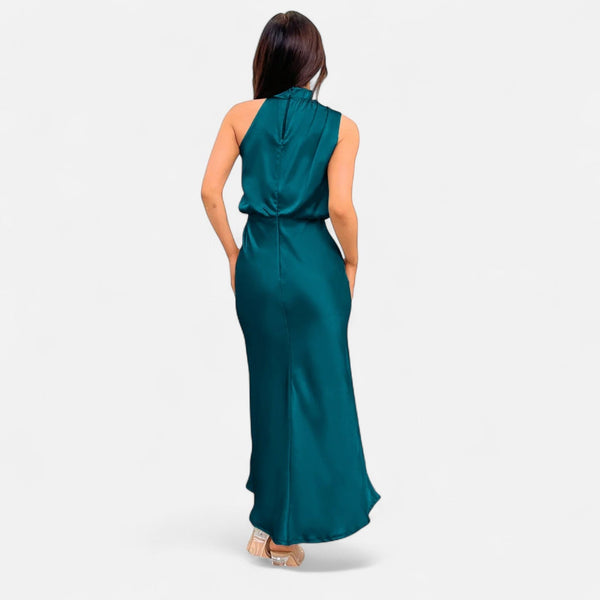 Sleeveless A-Line Elongating Satin Maxi Dress – Delphine - Bellux