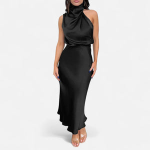 Sleeveless A-Line Elongating Satin Maxi Dress – Delphine - Black - Bellux