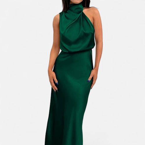 Sleeveless A-Line Elongating Satin Maxi Dress – Delphine - Dark Green - Bellux