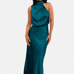 Sleeveless A-Line Elongating Satin Maxi Dress – Delphine - Lake Blue - Bellux
