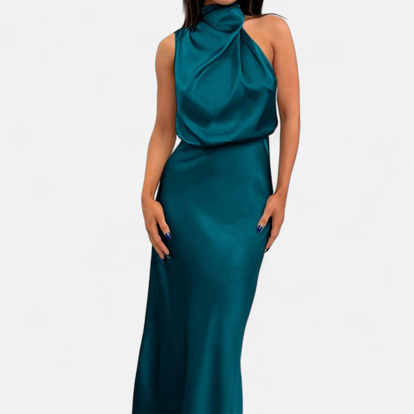 Sleeveless A-Line Elongating Satin Maxi Dress – Delphine - Lake Blue - Bellux