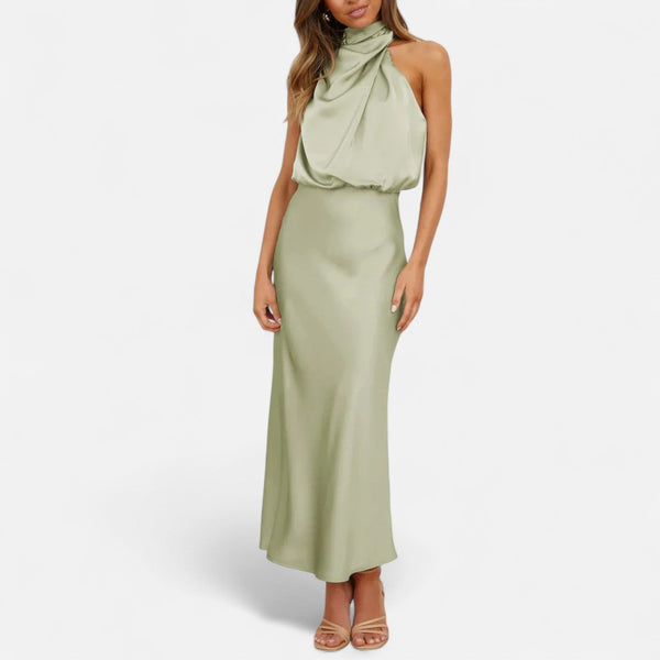 Sleeveless A-Line Elongating Satin Maxi Dress – Delphine - Light Green - Bellux