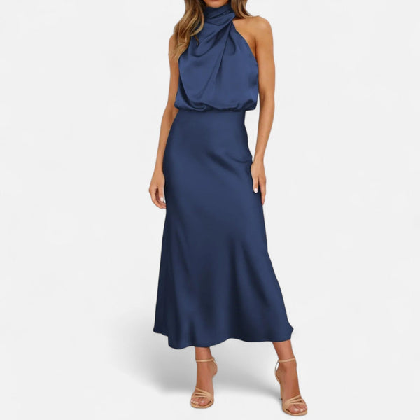 Sleeveless A-Line Elongating Satin Maxi Dress – Delphine - Navy - Bellux