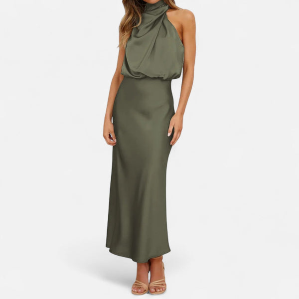 Sleeveless A-Line Elongating Satin Maxi Dress – Delphine - Olive Green - Bellux