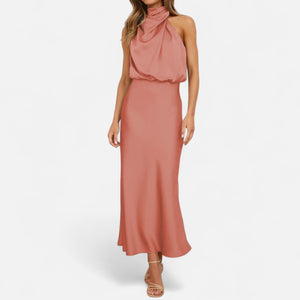 Sleeveless A-Line Elongating Satin Maxi Dress – Delphine - Peach - Bellux