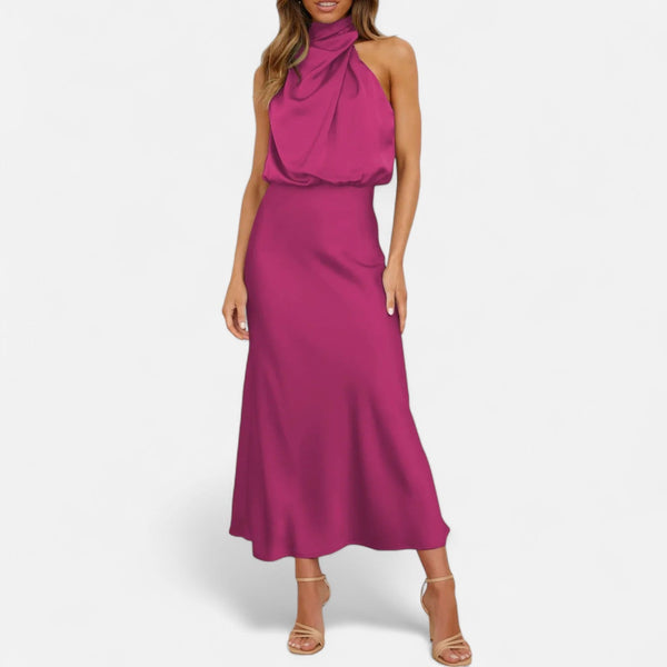 Sleeveless A-Line Elongating Satin Maxi Dress – Delphine - Rose Red - Bellux
