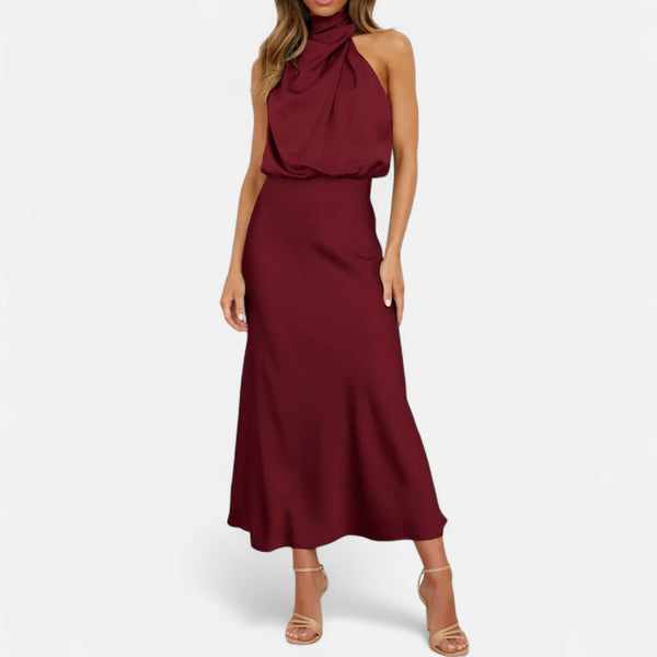 Sleeveless A-Line Elongating Satin Maxi Dress – Delphine - Wine Red - Bellux