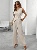 Sleeveless Blazer And Wide-Leg Trousers Set – Structured Fit - Beige - Bellux