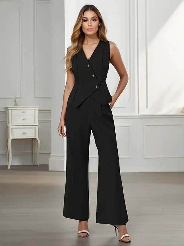 Sleeveless Blazer And Wide-Leg Trousers Set – Structured Fit - Black - Bellux
