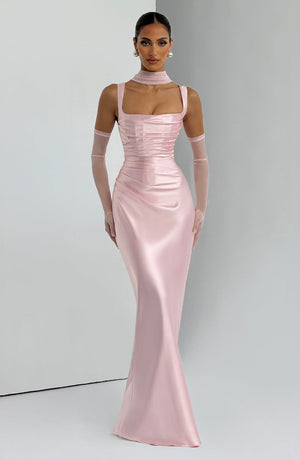 Square Neck Satin Maxi Dress Tie-Back – Calanthe - Bellux