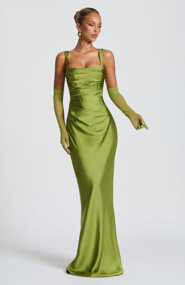 Square Neck Satin Maxi Dress Tie-Back – Calanthe - Bellux