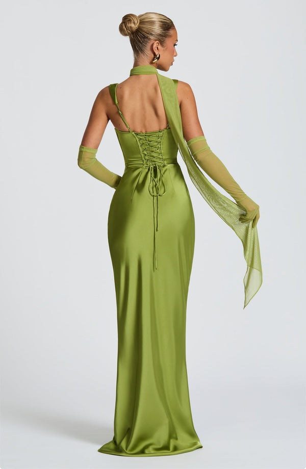 Square Neck Satin Maxi Dress Tie-Back – Calanthe - Bellux