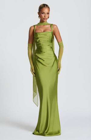 Square Neck Satin Maxi Dress Tie-Back – Calanthe - Bellux
