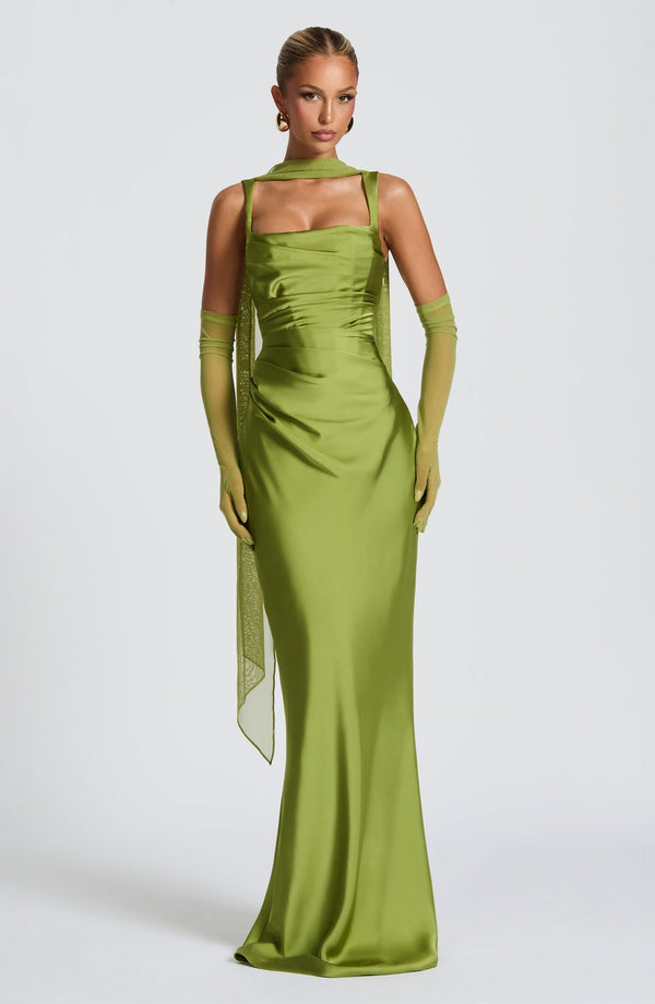 Square Neck Satin Maxi Dress Tie-Back – Calanthe - Bellux