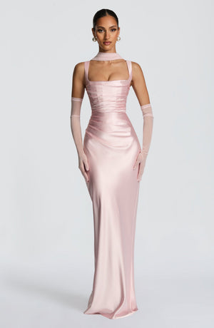 Square Neck Satin Maxi Dress Tie-Back – Calanthe - Bellux