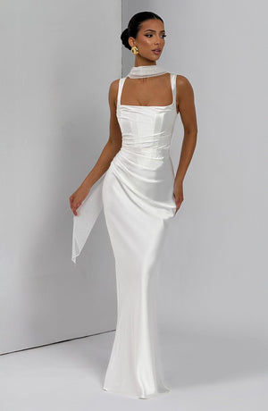 Square Neck Satin Maxi Dress Tie-Back – Calanthe - Bellux