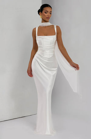 Square Neck Satin Maxi Dress Tie-Back – Calanthe - Bellux