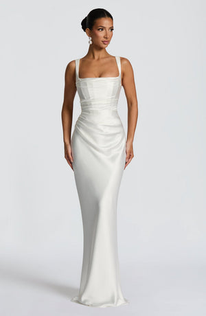 Square Neck Satin Maxi Dress Tie-Back – Calanthe - Bellux