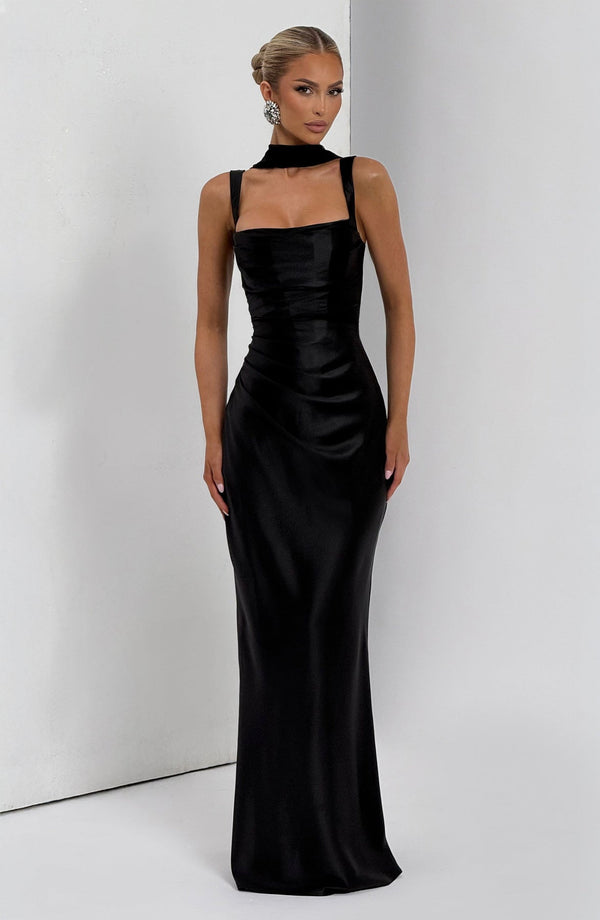 Square Neck Satin Maxi Dress Tie-Back – Calanthe - Bellux