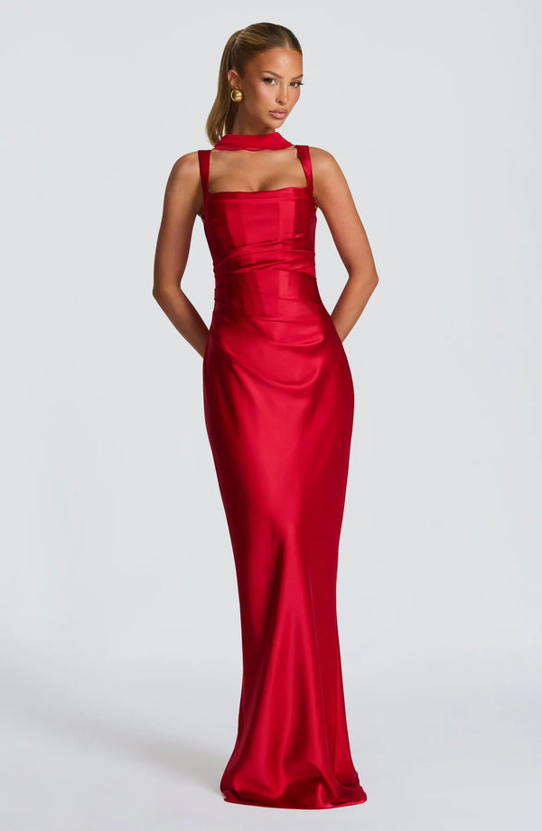 Square Neck Satin Maxi Dress Tie-Back – Calanthe