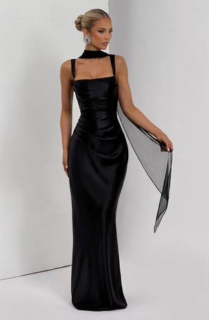 Square Neck Satin Maxi Dress Tie-Back – Calanthe - Bellux