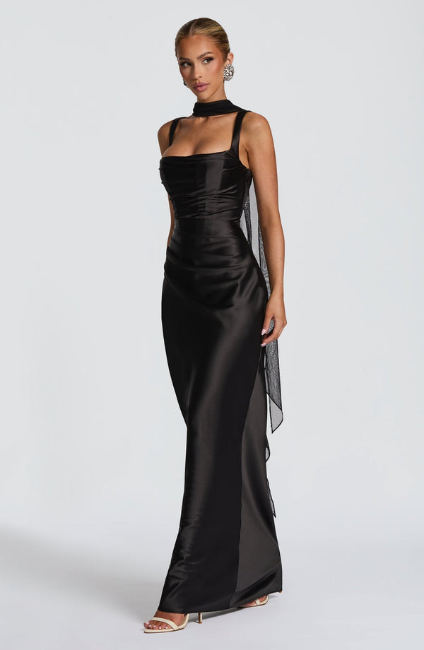 Square Neck Satin Maxi Dress Tie-Back – Calanthe - Bellux
