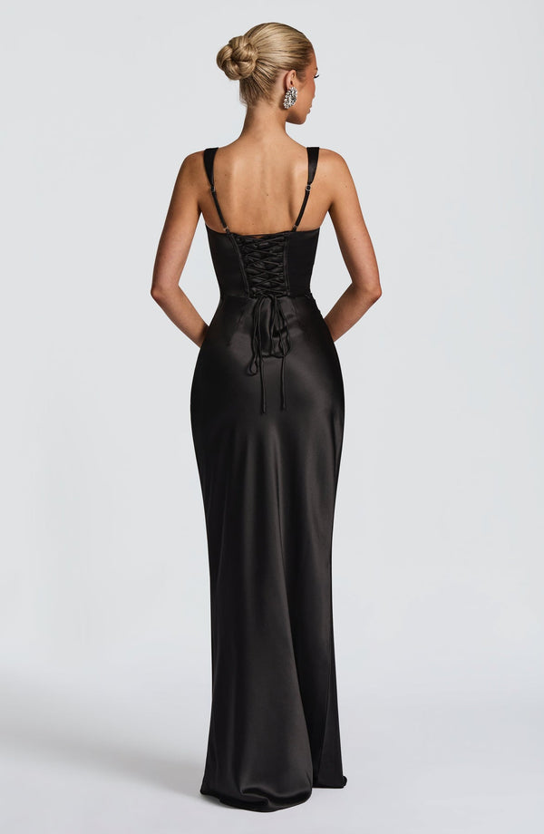 Square Neck Satin Maxi Dress Tie-Back – Calanthe - Bellux