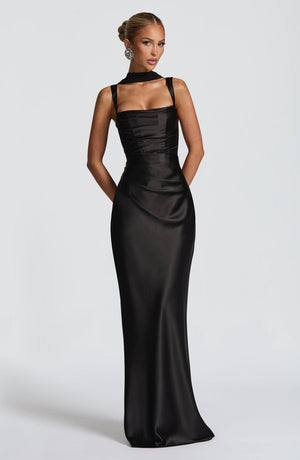 Square Neck Satin Maxi Dress Tie-Back – Calanthe - Bellux