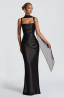 Square Neck Satin Maxi Dress Tie-Back – Calanthe - Bellux