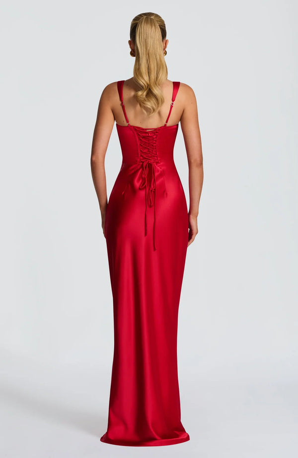Square Neck Satin Maxi Dress Tie-Back – Calanthe