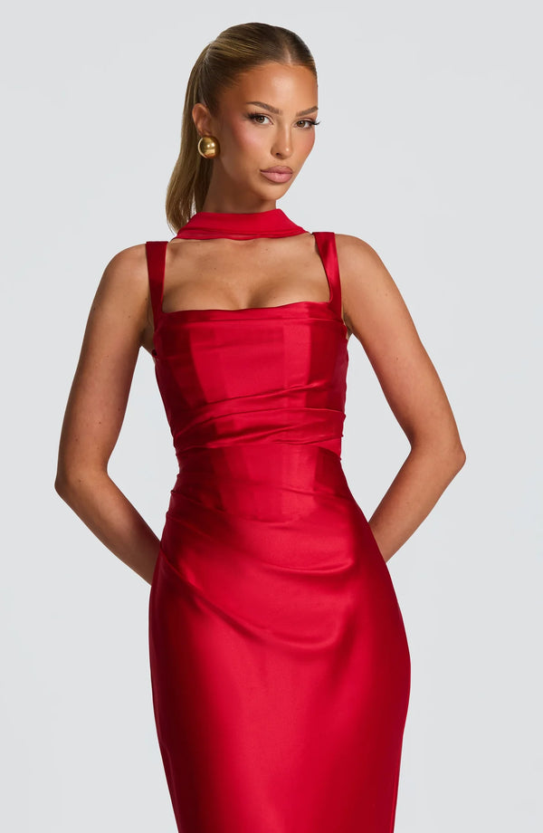 Square Neck Satin Maxi Dress Tie-Back – Calanthe