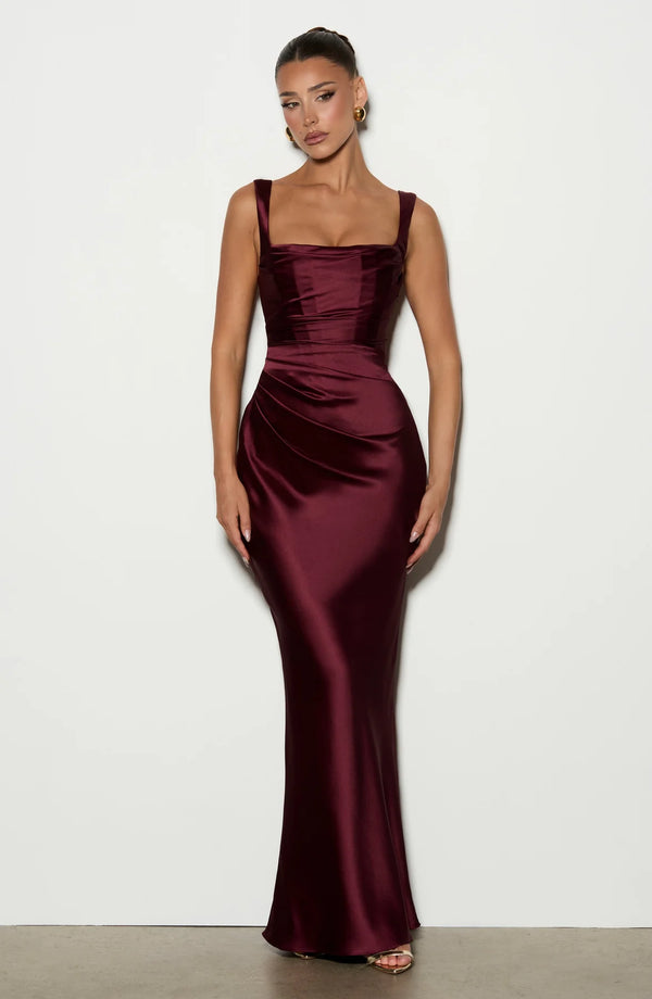 Square Neck Satin Maxi Dress Tie-Back – Calanthe