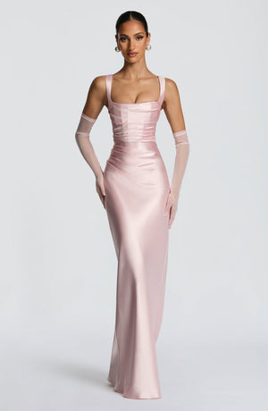 Square Neck Satin Maxi Dress Tie-Back – Calanthe - Bellux