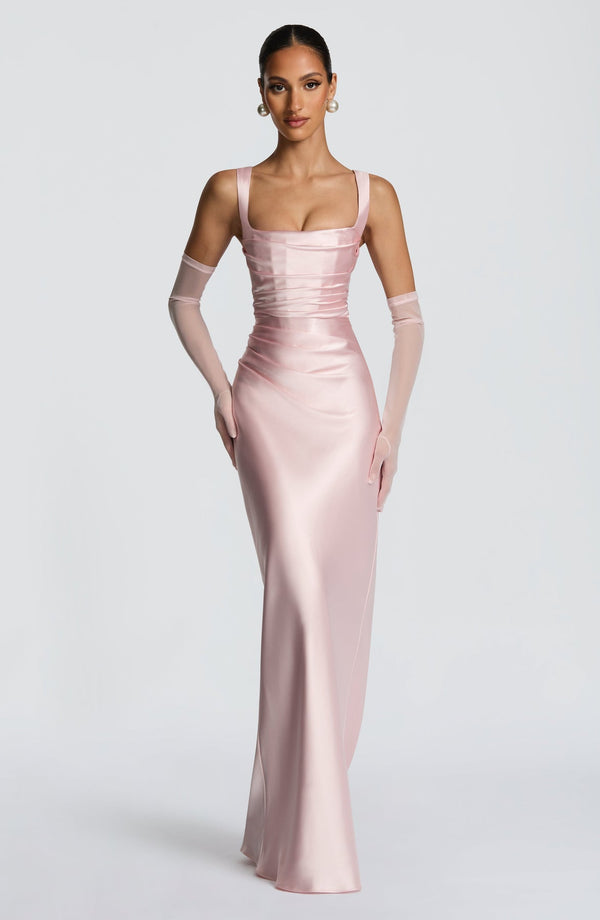 Square Neck Satin Maxi Dress Tie-Back – Calanthe - Bellux