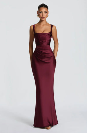 Square Neck Satin Maxi Dress Tie-Back – Calanthe