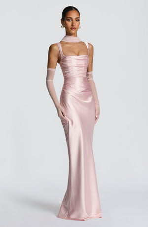 Square Neck Satin Maxi Dress Tie-Back – Calanthe - Bellux