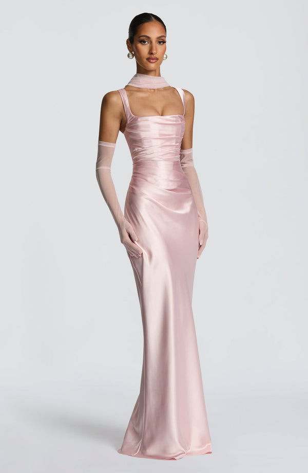 Square Neck Satin Maxi Dress Tie-Back – Calanthe - Bellux