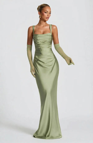 Square Neck Satin Maxi Dress Tie-Back – Calanthe