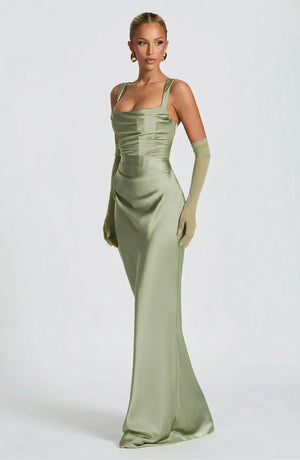 Square Neck Satin Maxi Dress Tie-Back – Calanthe