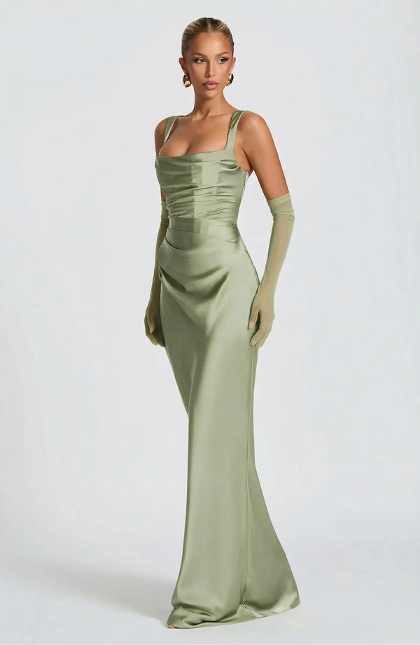 Square Neck Satin Maxi Dress Tie-Back – Calanthe