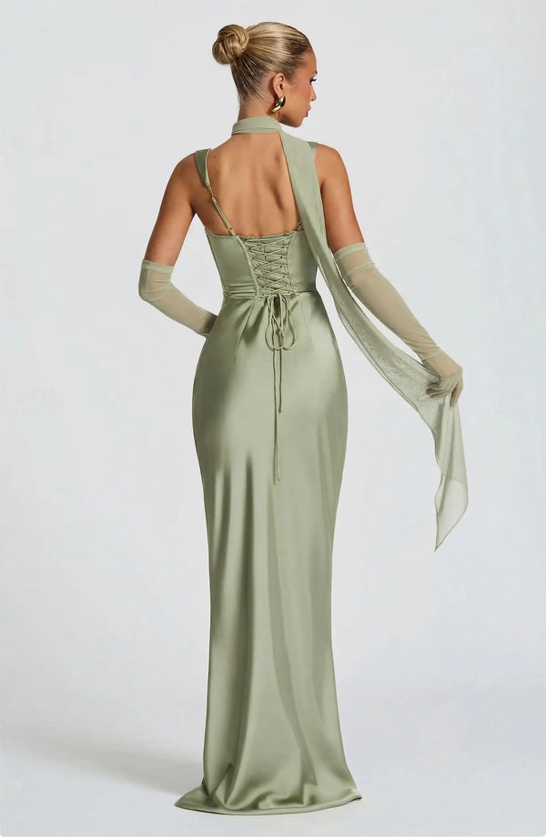 Square Neck Satin Maxi Dress Tie-Back – Calanthe